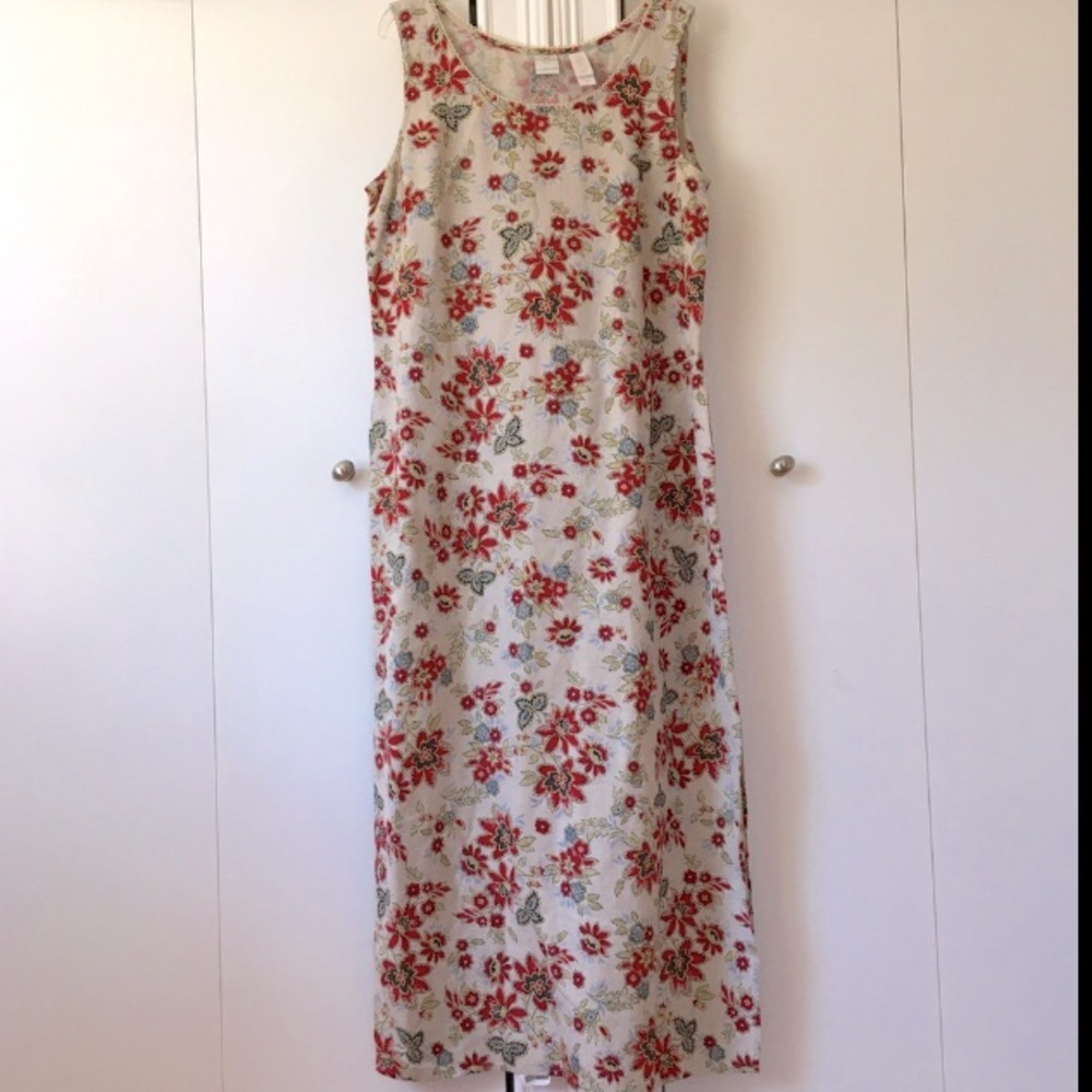 Emma James Beige Red Floral Linen Blend Sleeveless Crew Neck Pullover Maxi Dress